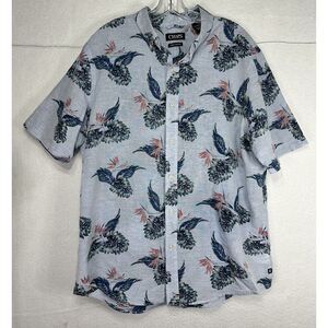 Chaps Button Up Shirt Men XL Short Sleeve Blue Floral Linen Cotton Blend‎ Casual